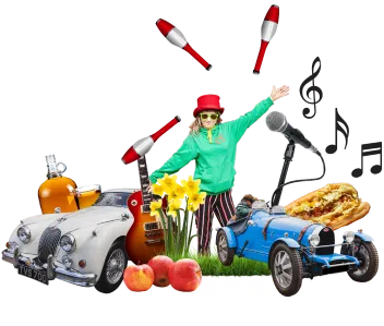montage of music notes, cars, cider, apples and a live performer juggling